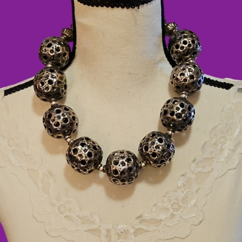 Vintage Chunky Hollow Metal Beaded Warrior Mad Max Fantasy Festival Necklace